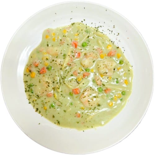 Shrimp, Bamboo Shoot, Corn, Peas & Carrots.