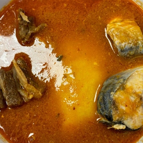 Plantain Fufu/Fresh Fish/Goat Light Soup/Spicy.