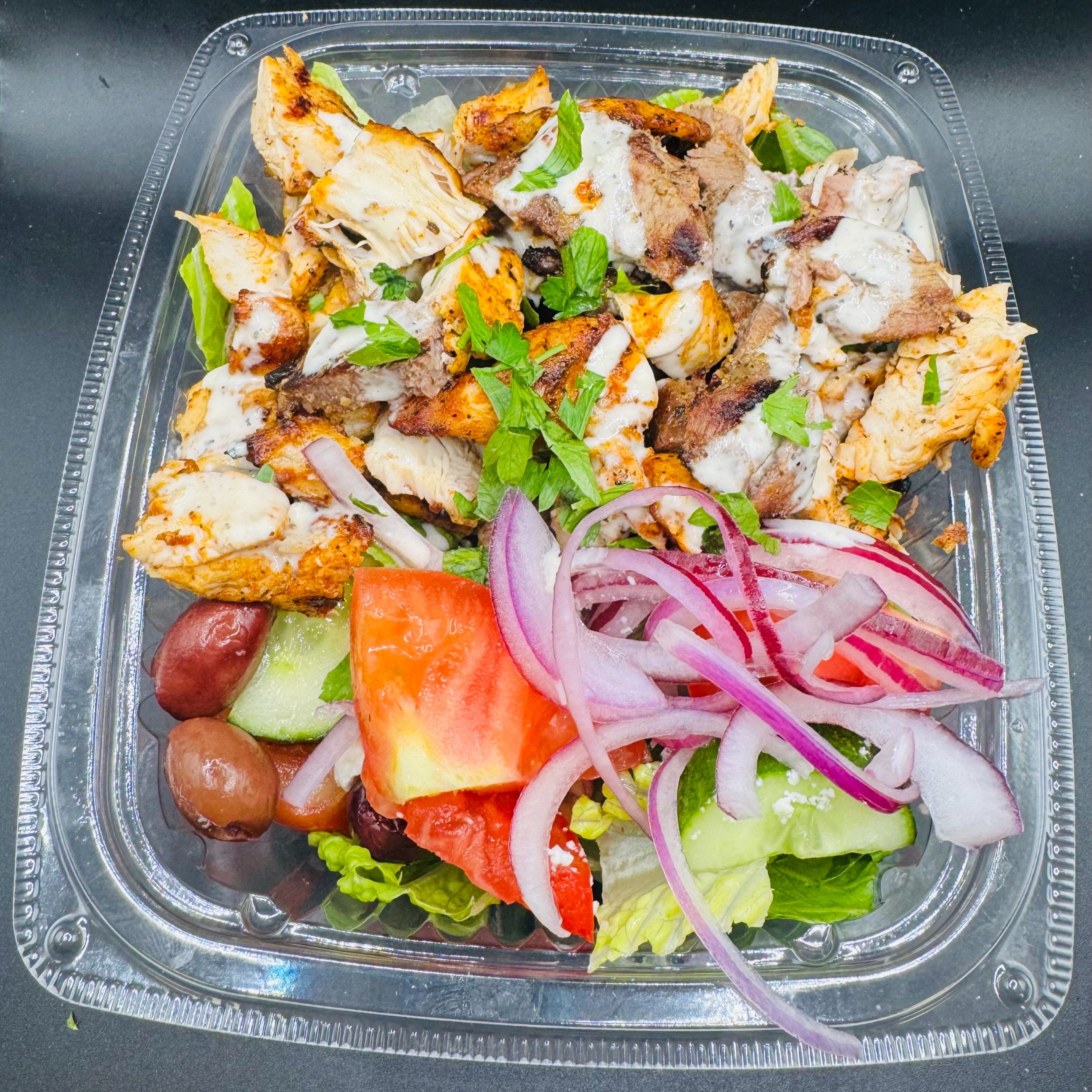 Chopped Lamb And Chicken Kabob Salad Bowl.