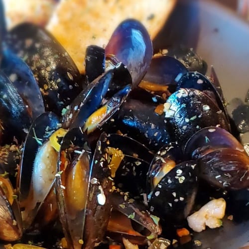 Wine Braised Mussels.