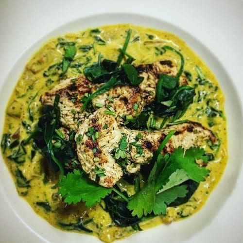 Chicken and Spinach Curry w/Rice and Cranberry Naan.