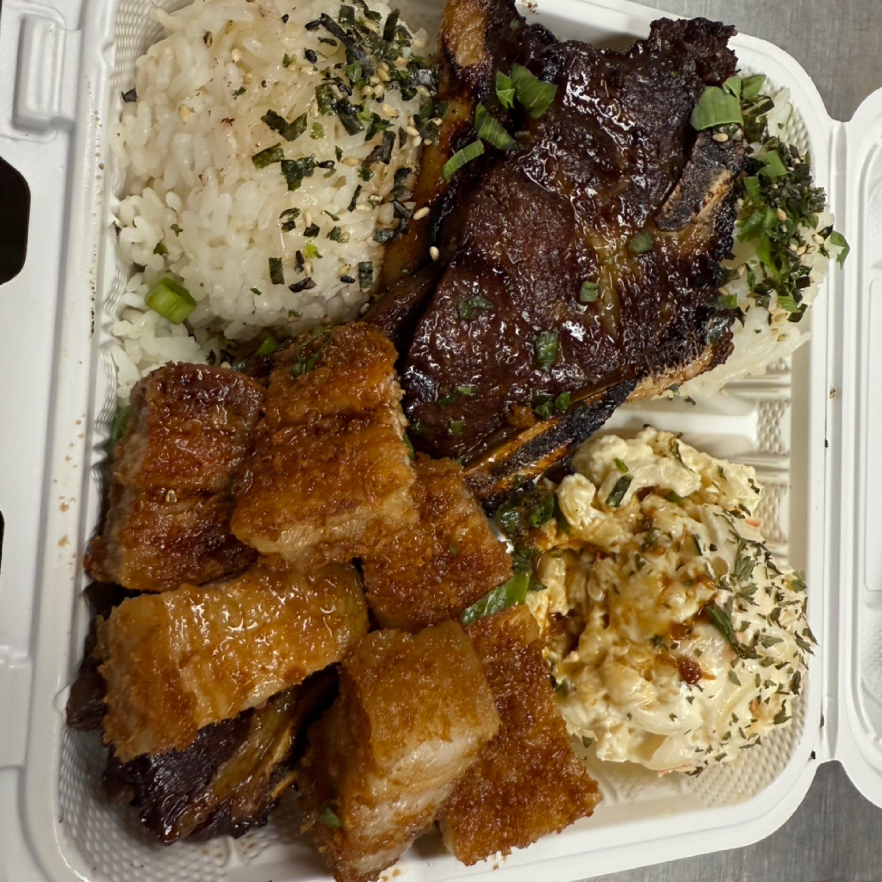 Kalbi rib & fried pork belly mix plate.