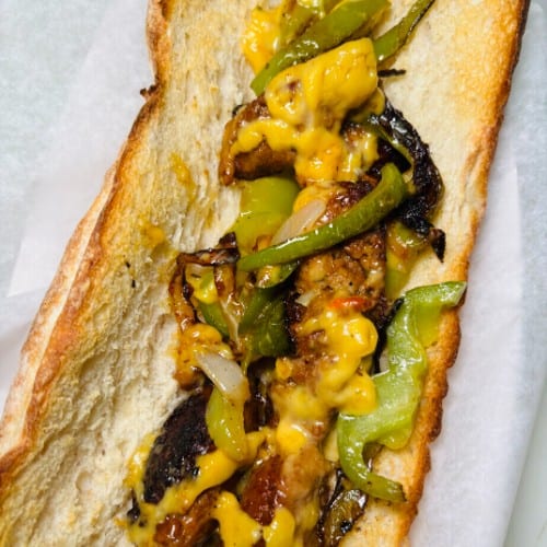 Faux-Sausage Peppers and Onion Sandwich.