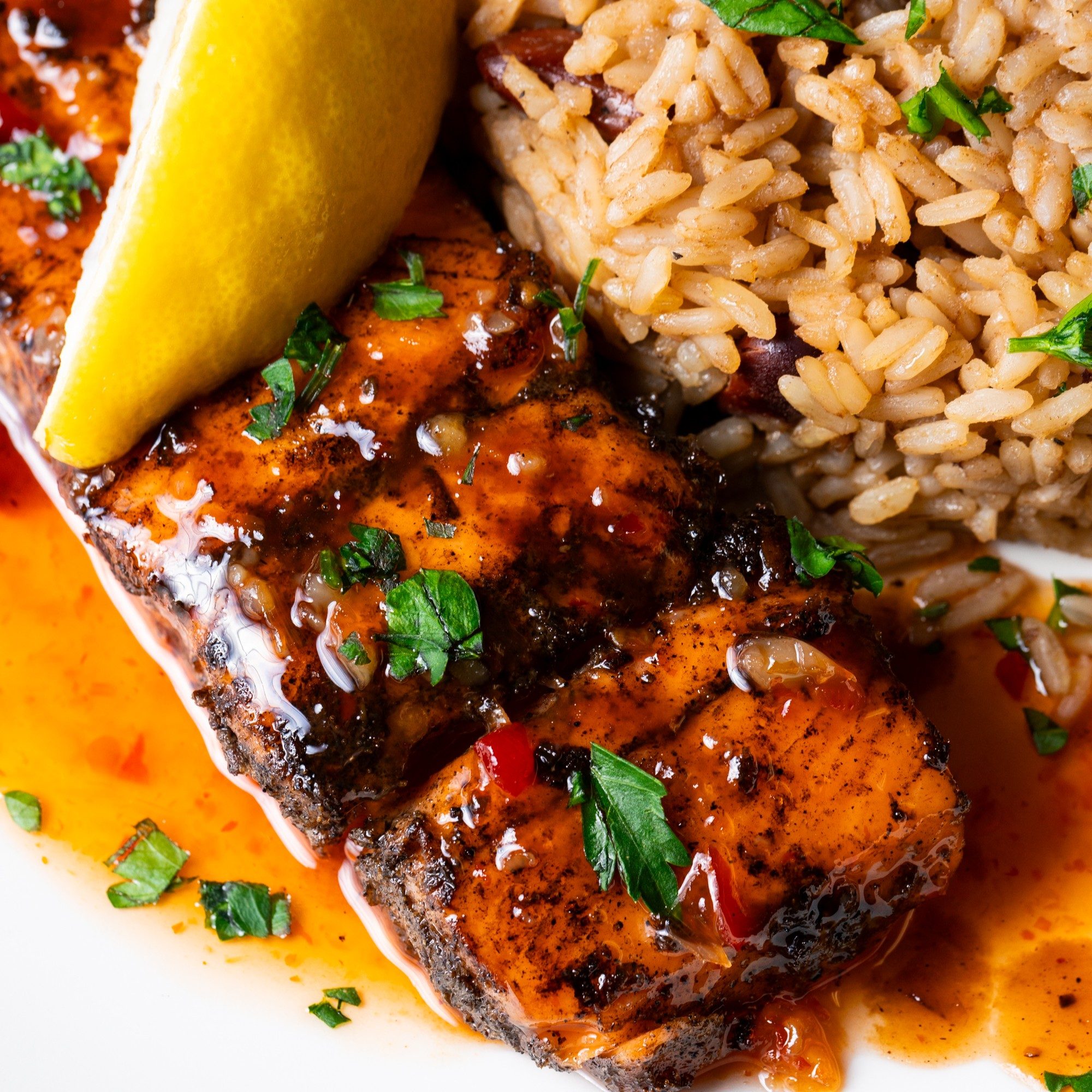 Sweet Chili Glazed Jerked Salmon.