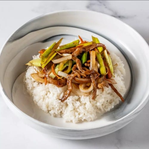 Sautéed Pork with Fresh Leeks Lunch.