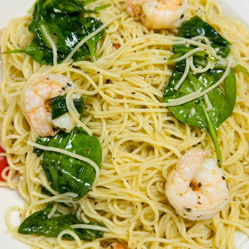 Angel Hair with Shrimp and Spinach.