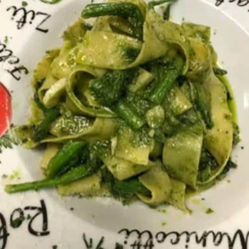 Pappardelle Pesto with Broccoli Rabe Oil and Garlic.
