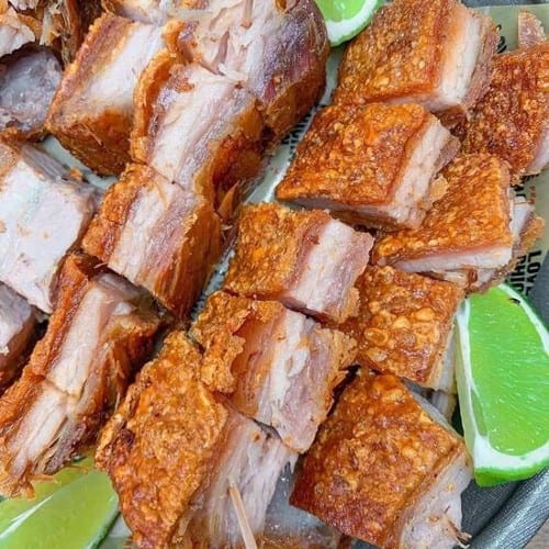 Fried Pork Belly in Garlic Sauce / Chicharrón De Cerdo Con Mojo De Ajo.