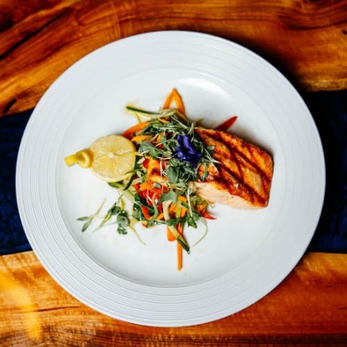 Grilled Salmon & pan seared veggies.