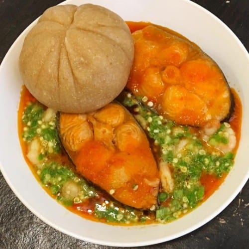 Eba/ Fufu with assorted meats Okro Soup.