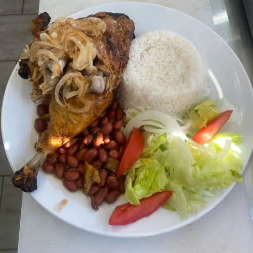 Rice, Beans, Roast Chicken & Salad.