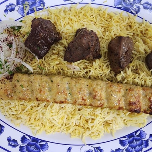 Lamb Sheesh Platter with Chicken Kofta Kabab.