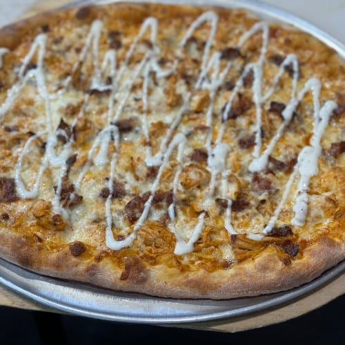 Buffalo Chicken and Bacon Pizza.