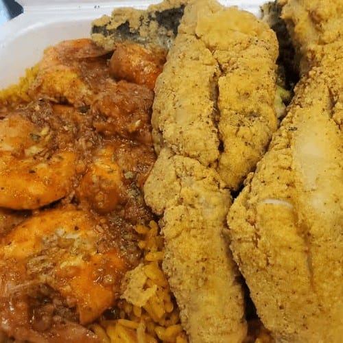 Fish & Shrimp Rice Platter.