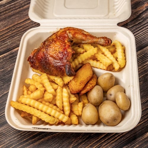 Quarter Rotisserie Chicken, 3 Sides, and Sauces.