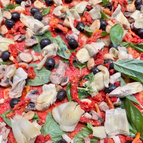 Sun-Dried Tomatoes & Artichoke Hearts Pizza ( Red Sauce).