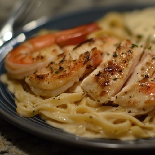 Chicken and Shrimp Alfredo.