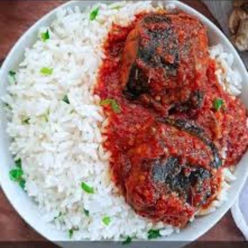 Fish Stew serves Rice or Fufu.