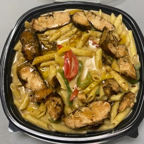 Jerk Rasta Pasta with Jerk Chicken Breast.
