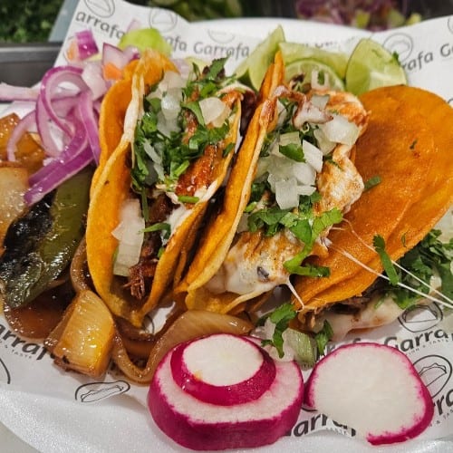 2 Quesabirrias Rice, Beans and Consomme Mini (Birria Broth) Plate.