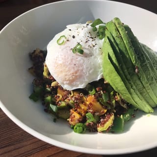 Red Quinoa Brunch Bowl with Poached Eggs & Avocado