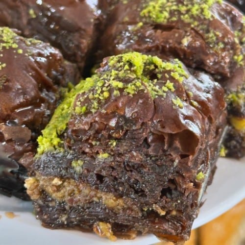 Chocolate Baklava with Pistachios.