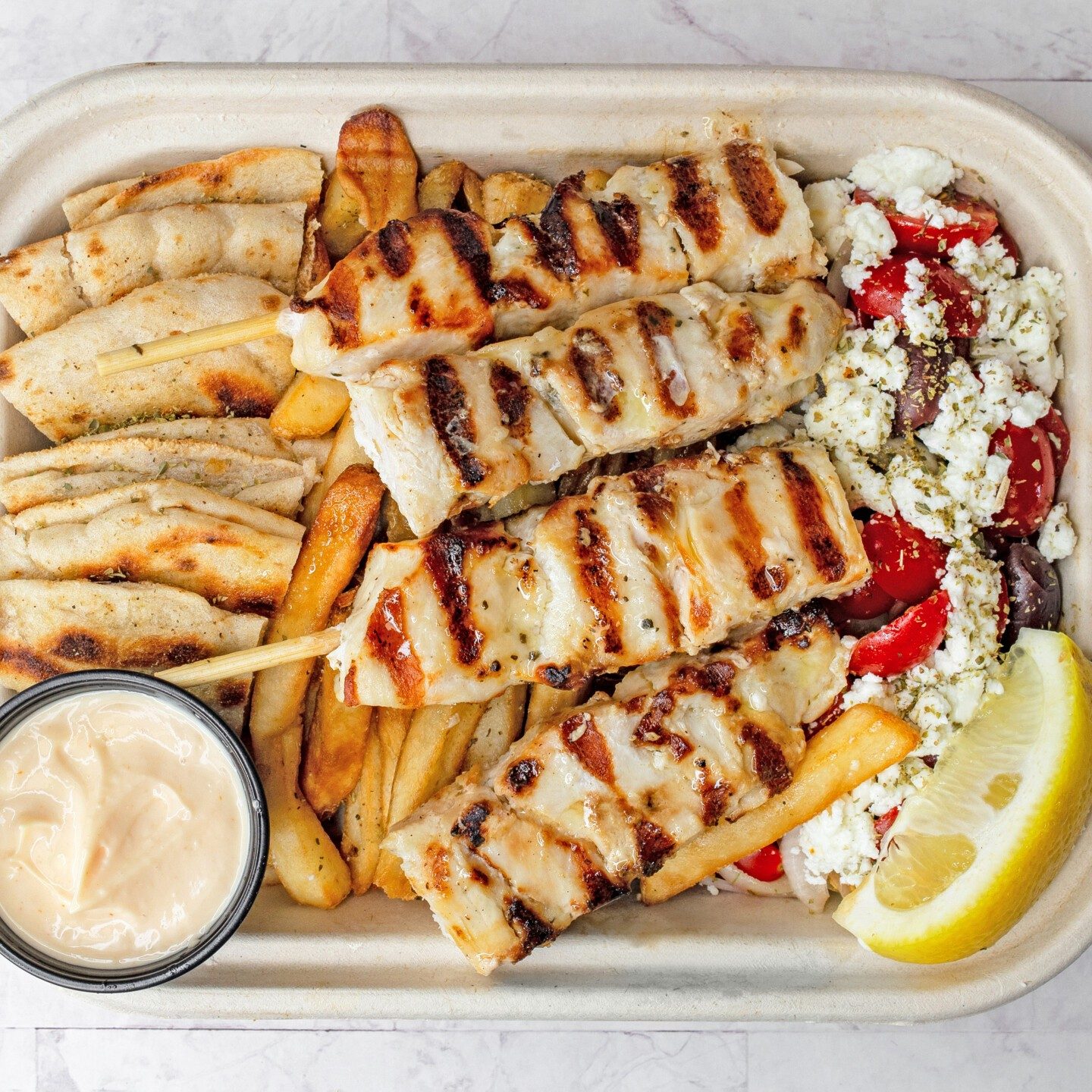 Chicken Souvlaki Platter.