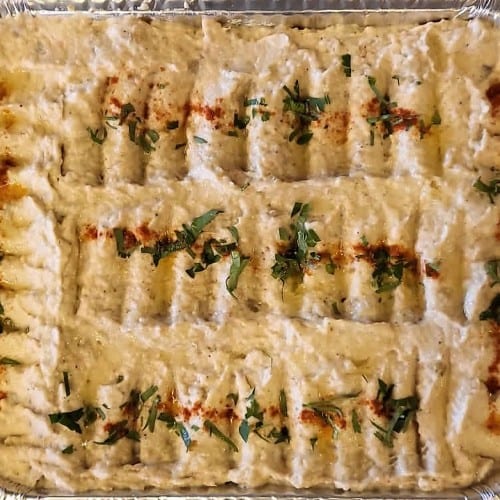 Smoked Eggplant Dip Half Tray Shallow + Bread.