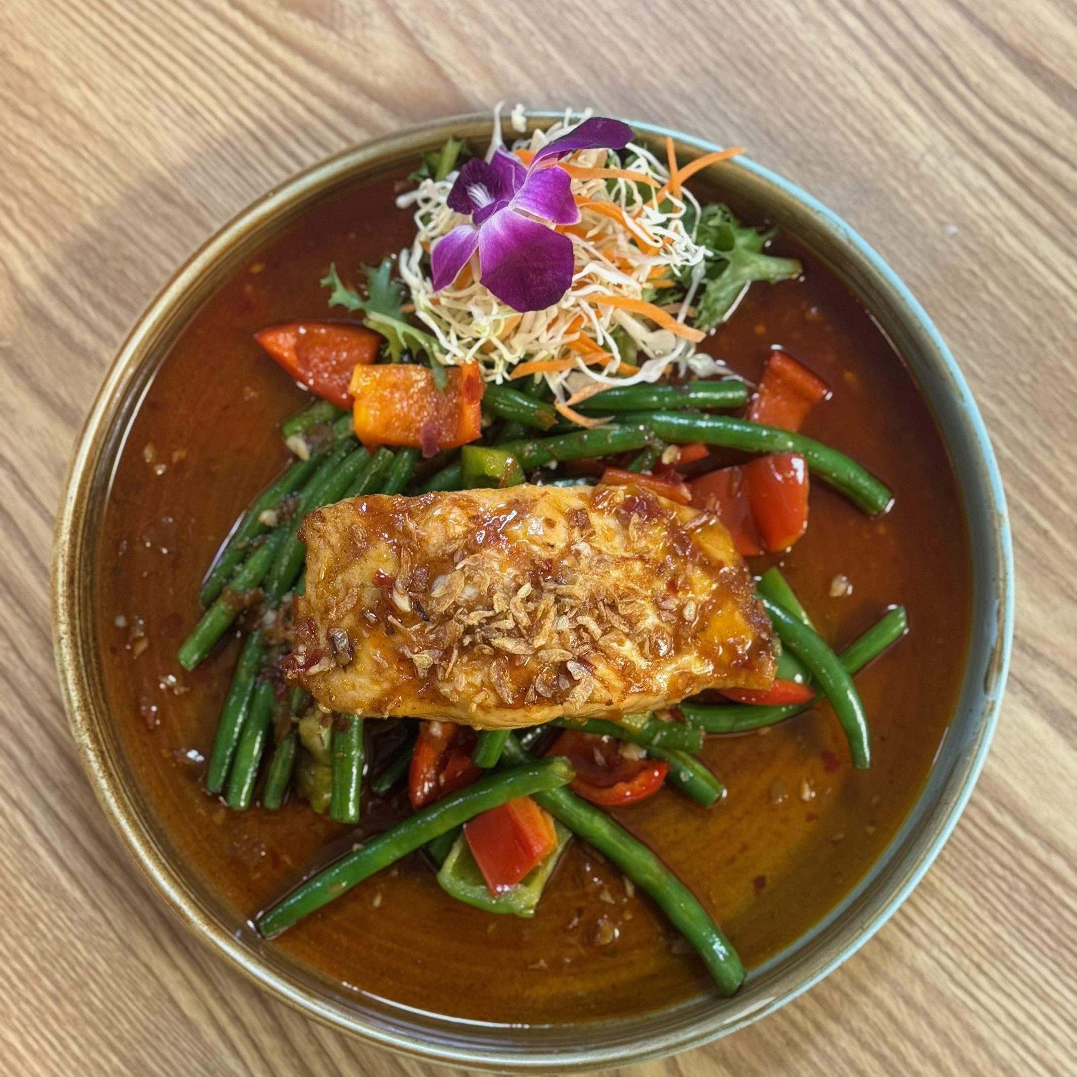 Salmon and Green Beans with XO Sauce.