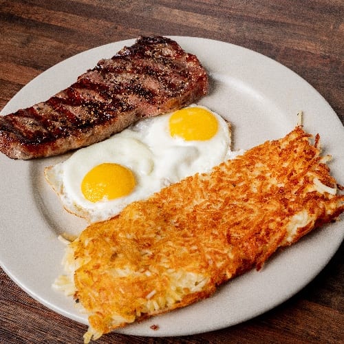 2 Eggs with Strip Steak.