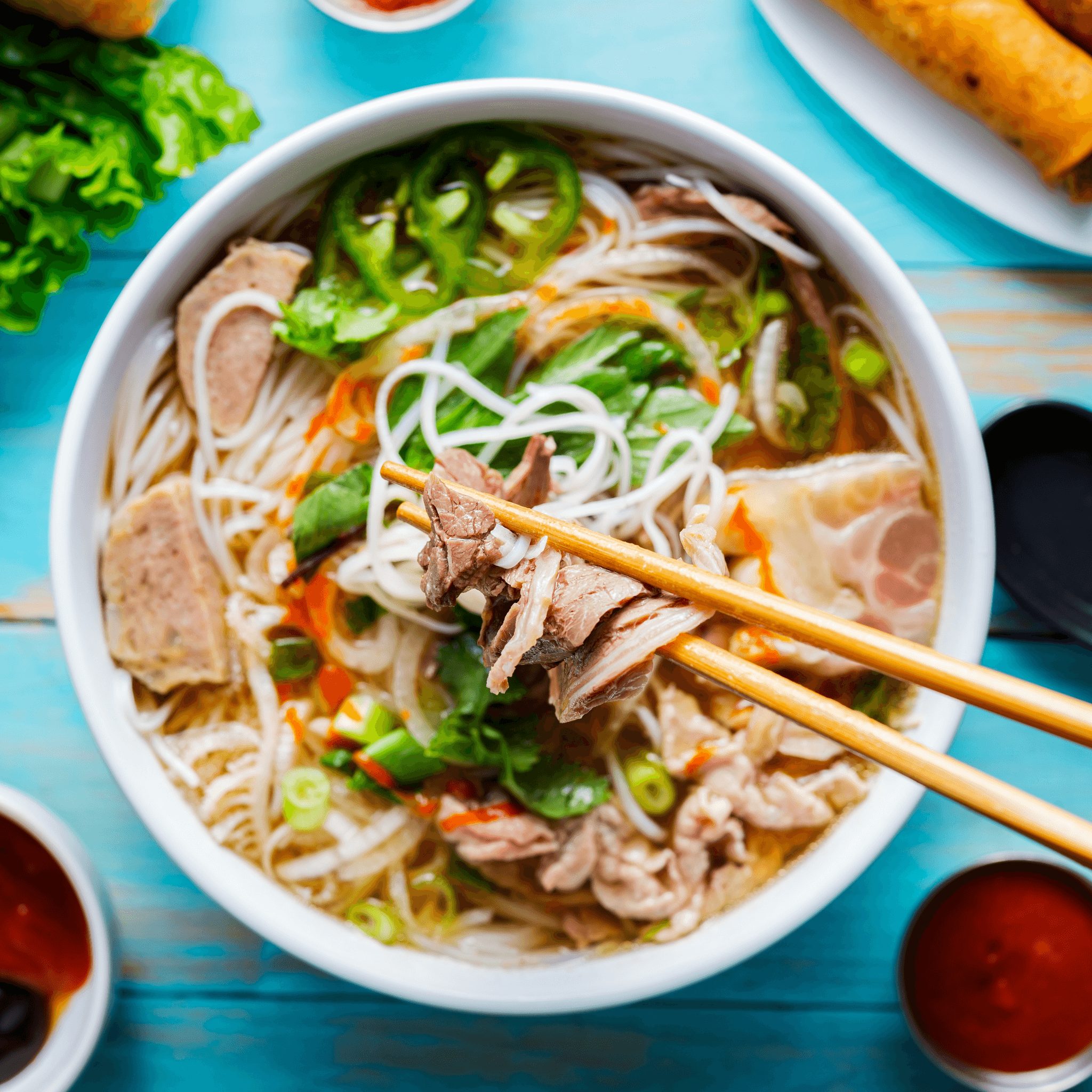 228. Phở Tái, Bò Viên | Pho with Rare Steak, Beef Meatballs.