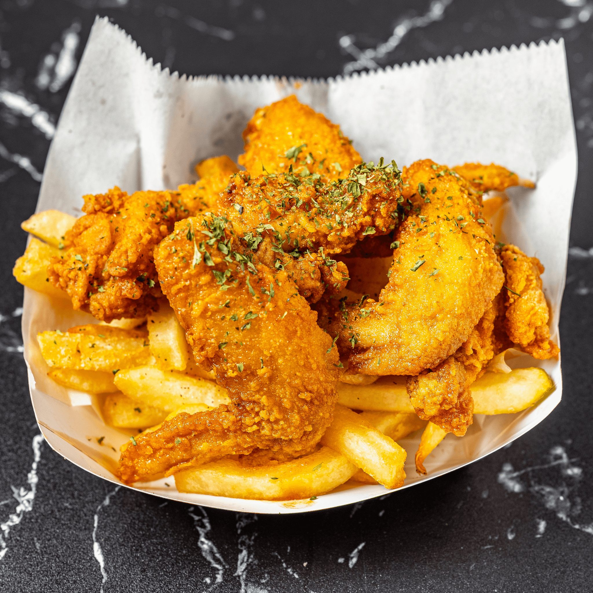 6 Piece Chicken Wing with Fries.