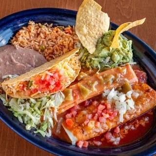 #10 Enchilada, Tamale, Taco, Guacamole, Beans and Rice