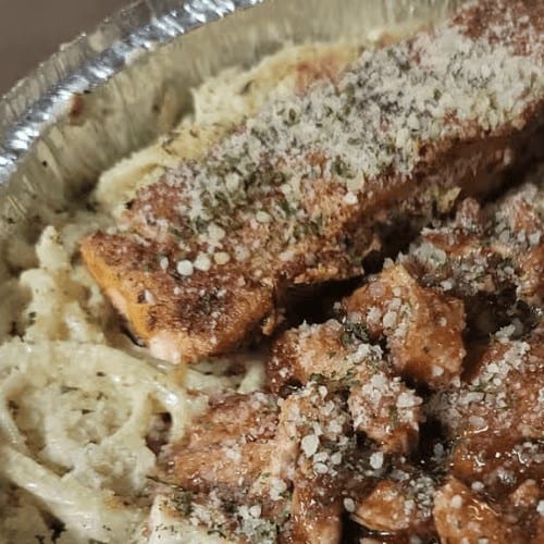 Jerk Chicken & Salmon Alfredo.