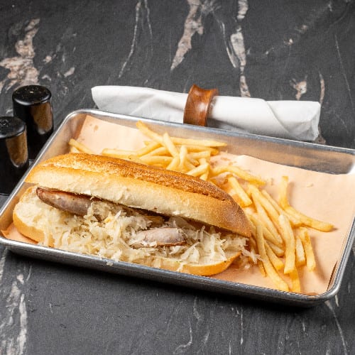 Alpine House Bratwurst Sandwich.