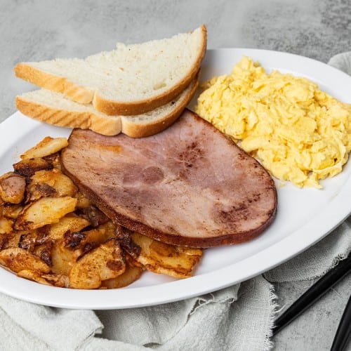 2 Extra Large Eggs with Ham Steak.