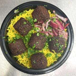 Falafel on Rice with Salad & Soda