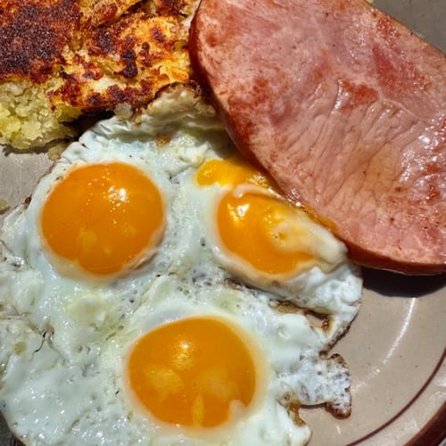 Ham Steak with 3 X-Large Eggs.