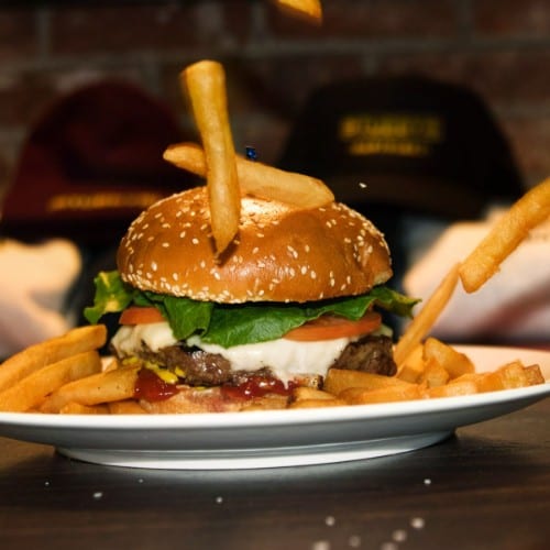 STUBBYS BURGER WITH FRIES.