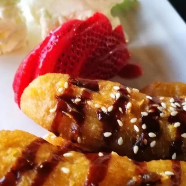 Fried banana with ice cream.