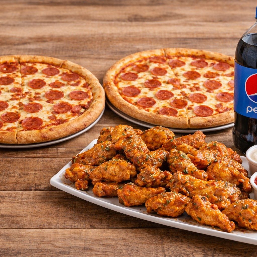Two Large 16" Pizzas, 25 Wings & 2 Liter Soda Special.