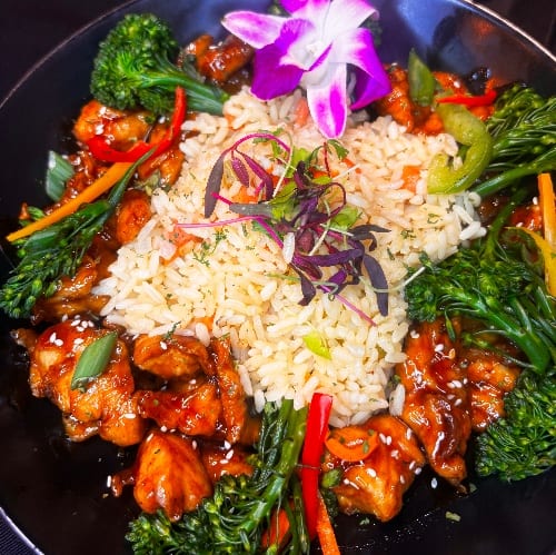 Bourbon-Glazed Chicken with Broccolini and Garden Vegetables Bowl.