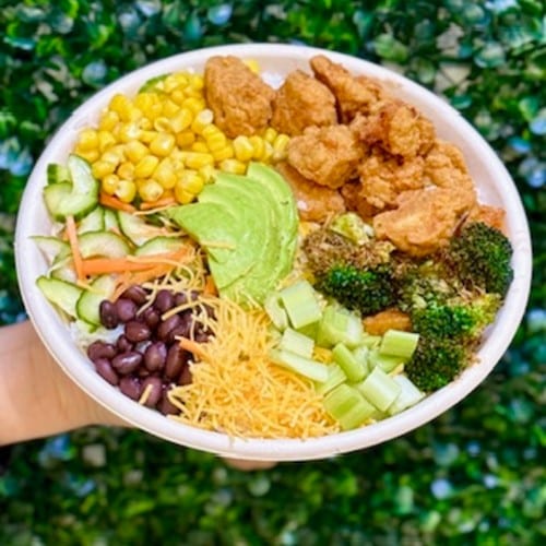 Classic Crispy Fried Chicken Fresh Green Bowl.