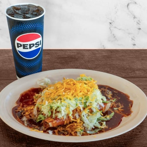 Two Enchiladas with Soda & Side.