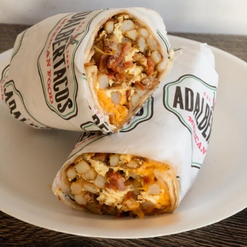 Eggs, Bacon, Potato & Cheese Breakfast Burrito.