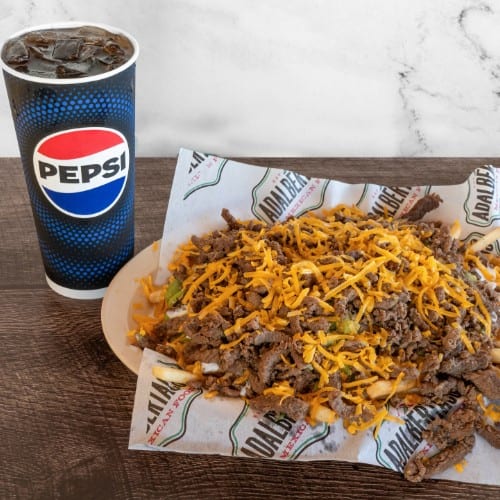 Carne Asada Fries with Soda & Side.