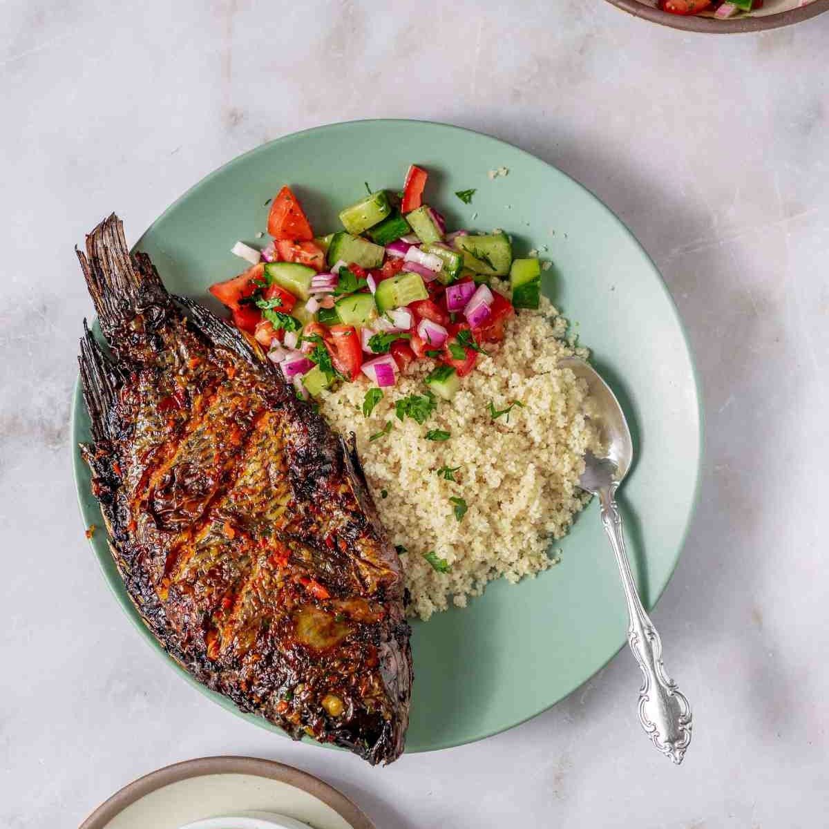 Attieke, Fish and Fried Plantains.