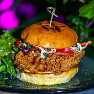 Fried Organic Chicken Sandwich  with mixed greens salad