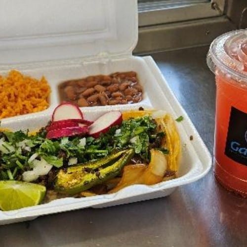 3 Street Tacos, Rice and Beans Plate.