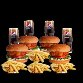 4 Crispy Chicken Burgers  / 4 Fries / 4 Drinks